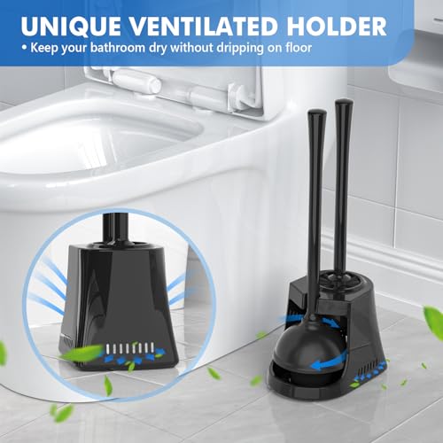 Image of LOVLOY Toilet Plunger and Brush with Holder, Bowl Brush and Heavy Duty Toilet Plunger Set with Ventilated Holder, 2-in-1 Toilet Brush and Plunger Combo for 5.3-inch Toilet Drain New Pack (Black, 1)