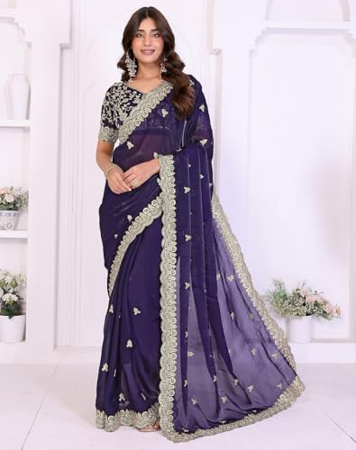 Image of Yashika Women's Organza Satin Butti Work With Zari Lace Border Embroidered Saree| Women Sari