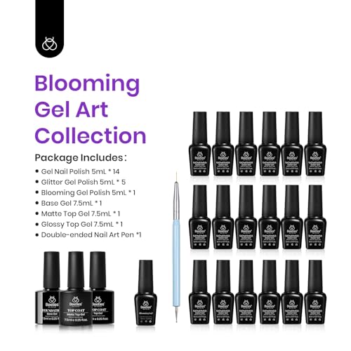 Image of Beetles Gel Nail Polish with Blooming Gel -19 Colors Gel Nail Polish | Pink Green Blue Purple Neon Gel Nail Polish 3Pcs Base&Glossy Matte Top Coat,Clear Polish for Spreading Effect Soak off UV