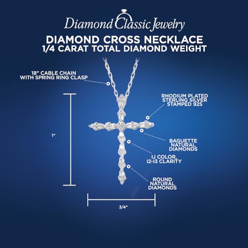 Diamond Cross Necklacee 1/4 cttw Round and Baguette Natural Diamonds in Sterling Silver or 14k Yellow Gold Plated Silver 18 Inch Chain4