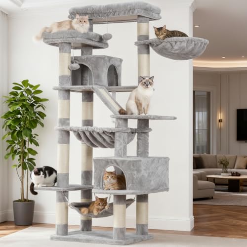 Heybly Arbre À Chat, Tour De Griffer 180 cm, 2 Plateformes, 2 Cabanes De Sommeil, 2 Hamacs, Panneau À Griffer. Grand Meuble pour Chats avec Endroit Dormir, Gris Clair HCT034W