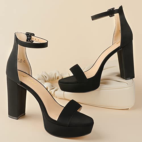 Ankis Platform Heels 4 Inches Chunky Heels Sandals For Women Comfy Open Toe Block Heeled Sandals Black Nude White Silver Gold Ankle Strappy Heels Black Chunky Platform Heels For Women Summer Dress Shoes, Black Nubuck, Size 8 #TOP2