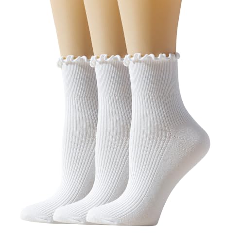 Image of Ruffle Ankle Socks for Women, Cute Casual Lettuce Edge Frilly Crew Socks Breathable Lightweight Daily Socks