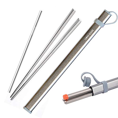 Rover camel 1 Pair of Ultra Lightweight Reusable hollow Stainless Steel Chopsticks and1 Stainless Steel Straw with Free Aluminium Case Strong Healthy ?Gray?