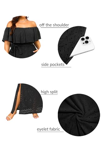 Image of Pinup Fashion Women Plus Size Summer Dresses - Off The Shoulder Wedding Guest Eyelet Casual Maxi Dress Pockets