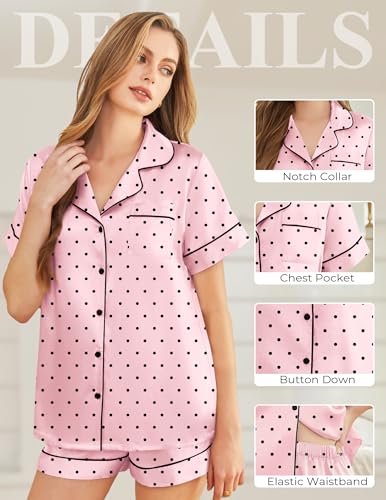 Image of Silk Pajamas for Women Short Sleeve Sleepwear Soft Button Down Loungewear 2 Piece Satin Pjs Shorts Set S-XXL
