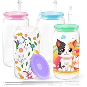 Joyclub 12 Pack Sublimation Cups 16 OZ Clear Glass Cans Blanks with Lids Mason Jars for Iced Coffee Beer Juice and Soda Drinks 12 Pack Clear Glass and Clear Lids