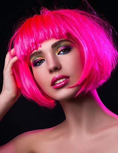 Short Bob Hair Wig 10'' Straight Bangs Short Hair Candy Color Cosplay Synthetic Wig Natural as Real Hair with Wig Cap, Daily Party Hairpiece for Women Girls (Rose Red)