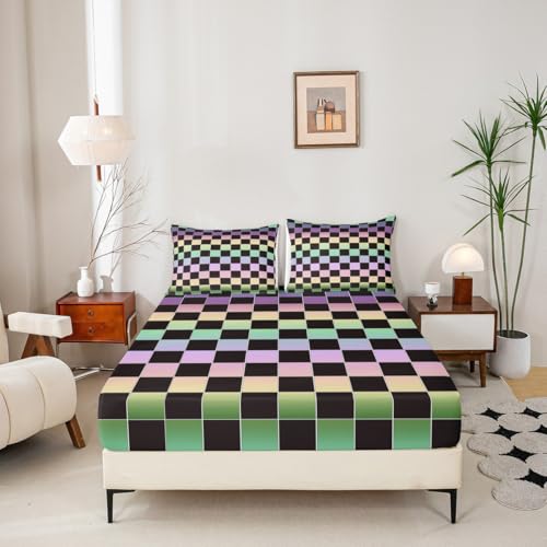 Image of Erosebridal Black Checkered Sheet Set Full Rainbow Ombre Plaid Bed Sheets Colorful Geometric Checkerboard Bedding for Kids Boys Girls,Aesthetic Grids Bed Sheets Set 4 Piece