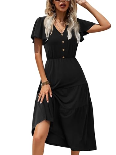 Image of Zeagoo Women's Summer Casual Dress Flutter Short Sleeve V Neck Button Down Tiered Flowy Long Dress with Pockets