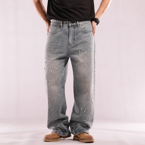 Mens Rhinestone Jeans Vintage Baggy Sparkly Wide Leg Denim Pants3