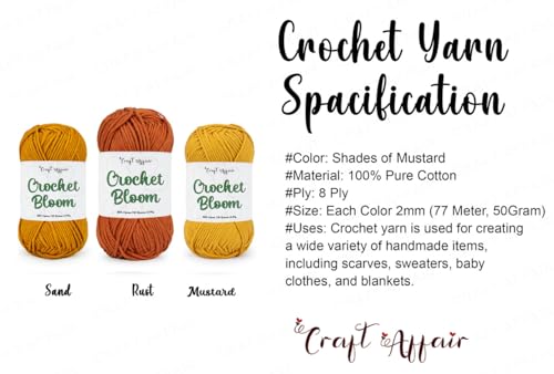 Image of Craft Affair | Crochet Bloom Cotton Yarn 8ply (Each Color 2mm, 77Meter, 50Gram) 100% Pure Cotton | for Knitting Yarn | Craft & DIY Project: Sand, Rust, Mustard