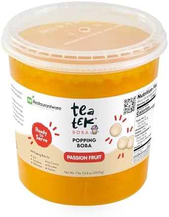 Tea Tek 7 Pound Popping Boba, 4 Count Vegan Passion Fruit Popping Pearl Jars - No Cooking Required, No Gluten, Edible Bursting Boba, Resealable Jar, For Tea, Smoothies