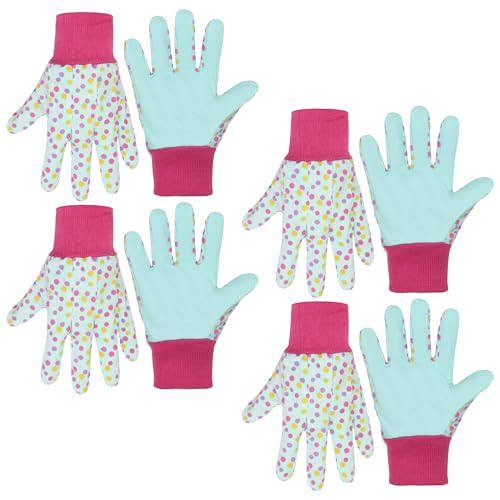 HANDLANDY 4 Pairs Kids Gardening Gloves, Girls Boys Children Garden Work Play Gloves (Pink Dot, Medium) Medium Pink Dot (Pack of 4)