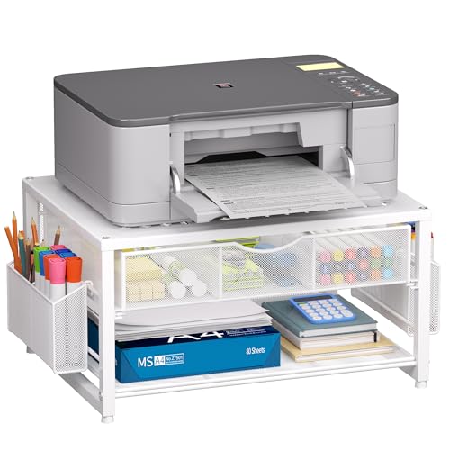 Marbrasse Schreibtisch Drucker Ständer mit Schublade,Monitorständer Multifunktionel und 2 Stiftehalter,Bürobedarf Organizer Aufbewahrung für Laptop,PC,Mac,Scanner Heim Büro(Weiß)
