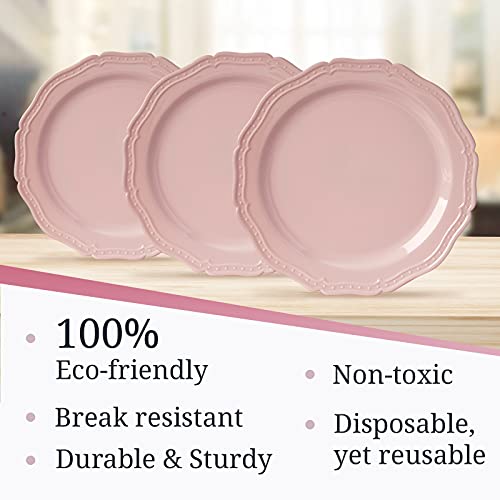 SILVER SPOONS Vintage Embossed Plastic Dessert Plates for Party (20 PC) Heavy Duty Disposable Dinner Set 7.5\", Fine China Look Dishes, Perfect for Baby Showers, Celebrations & Events. - Blush