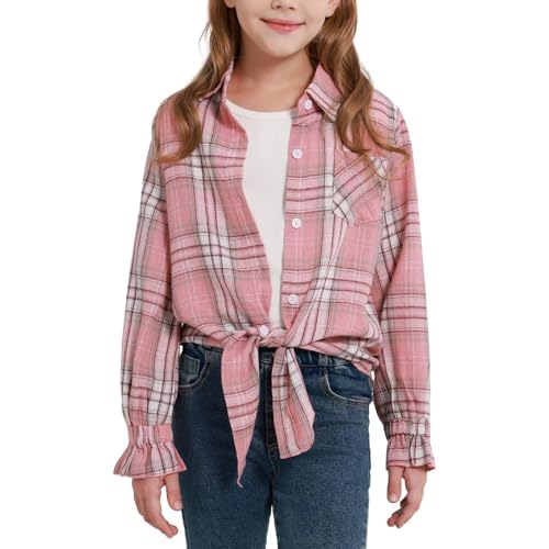 Girls Long Sleeve Flannel Plaid Shirt Casual Button Down Shirts Tie Front Collared Blouse Tops for 5-14 Years Pink