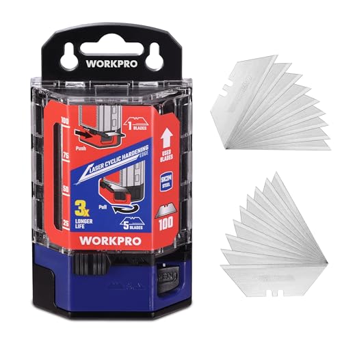 WORKPRO Utility Knife Blades 100-Pack, SK2M Steel Ultra Sharp Razor Blades with Dispenser, Replacement Blades for Box Cutters, Fits Most Standard Utility Knives SK2M(red)