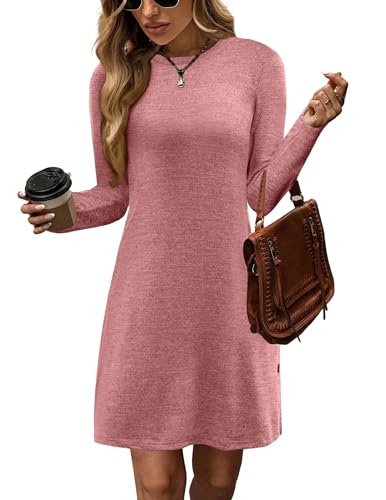 Zeagoo Vestido de Punto Mujer Vestidos de Manga Larga de Invierno con Botones Causales Vestido de Suéter con Cuello Redondo Rosa Intenso M