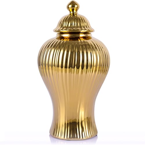 11.8" Gold Ceramic Ginger Jar with Lid - Decorative Ginger Jar Va...