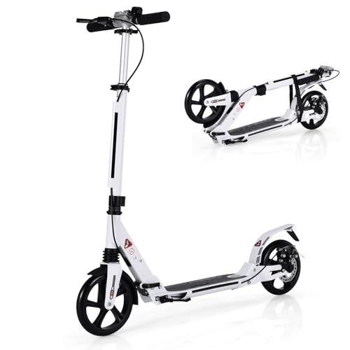 COSTWAY Folding Kick Scooter 3 Heights Adjustable City Scooters with Big Wheels Anti-Shocking Suspension and Carrying Strap Lightweight Street Scooter for Kids Teens and Adults (White)