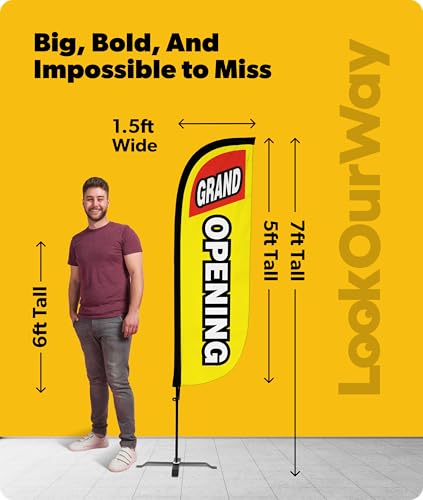 Image of LookOurWay Feather Flag Set - 5ft Tall Advertising Banner Flag with Pole Kit and X-Stand for Business Promotion - Grand Opening Yellow /Red
