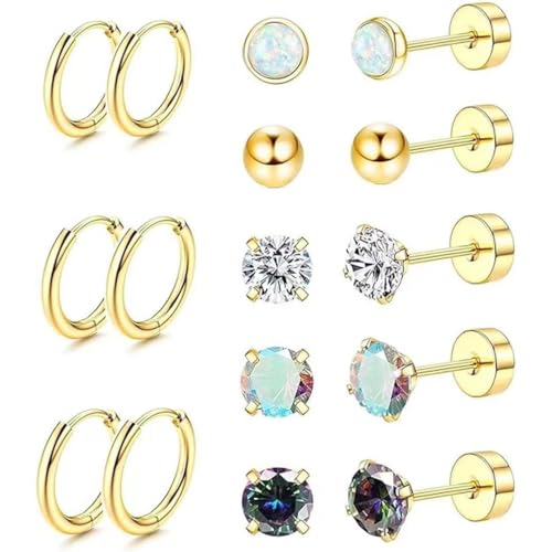 KIRZAX 8 Pares Pendientes Oro, Aros Acero Inoxidable,Tragus Pendientes Pequeños Aros,Pendientes Mujer Acero Quirurgico,Juego Mujer Múltiples Piercings Hipoalergénicos,para Mujer Hombre