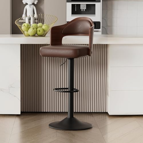 XICEN Bar Stools, 2PCS Wooden Upholstered PU Leather Barstools, with Back and Footrest, Seat Adjustable Height 24.5-33.5IN, Counter Height Bar Chairs for Kitchen Island (Brown) (Brown)