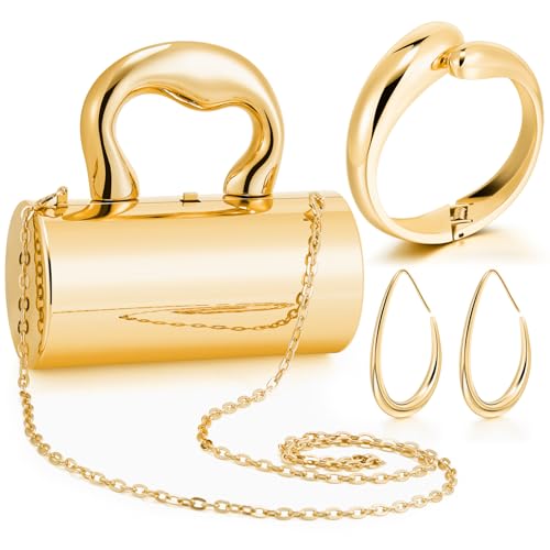 Quelay 3 Pcs Clutch Purse Jewelry Set for women Evening Prom Purses Metallic Handbag jewelry accessories Bracelet Earrings for Formal Wedding Banquet Retro