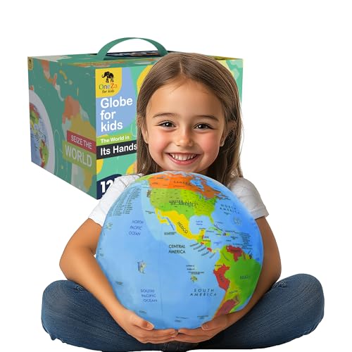 OneZa 12” Soft World Globe for Kids | Fun & Educational, Playfully Colored with US States Legend and Canadian Provinces | Interactive Globe to Learn through Play | Geography for Kids Toys