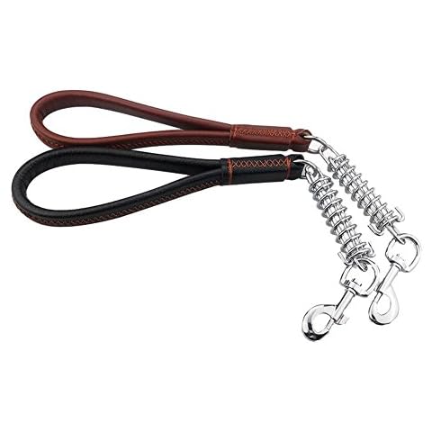 Cliont 12" Genuine Leather Dog Short Leash Lead Heavy Duty for Large Dog with Stainless Steel Buffer Shock Spring (2.5x 50(cm), Black) Cover