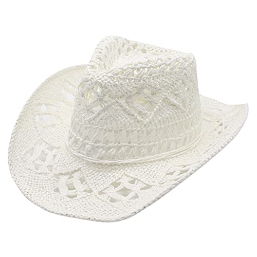 2025 - Chapeau de cowboy western d'été pour femme et homme - Chapeau de paille façonnable - Évidé - Soleil - Cowboy adulte, blanc, Taille unique