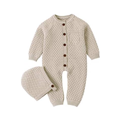 mimixiong Cotton Baby Romper Newborn Baby Knitted Clothes Longsleeve Sweater Outfit for Boy and Girls with Warm Hat Set Camel Cover