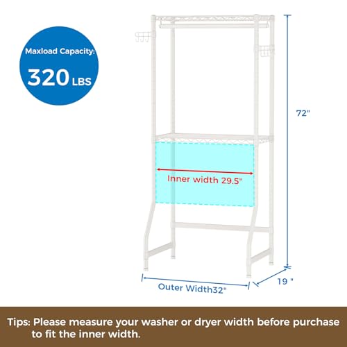 Image of Golpart Over Washer and Dryer Shelves,2 Tier Adjustable Height Wire Shelving Laundry Room Storage Organization Clothes Drying Rack with Hanger Rod&Hooks,Space Saving Organizers Shelf,White