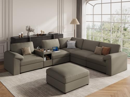 Image of EASE MOOSE Oversized Corner Modular Sectional Sofa with Ottoman, Faux Leather Sectional Sofa with Deep Seat, Scratch Resistant Faux Leather Material, Extra Large L Shaped Couch, Light Grey
