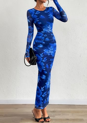 PRETTYGARDEN Fall Wedding Guest Dresses for Women 2025 Long Sleeve Ruched Sexy Bodycon Floral Mesh Cocktail Party Maxi Dress