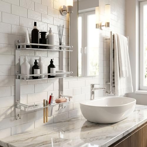 Image of GLOXY Premium 3 Layer Bathroom Shelves Rack - Wall Mount Chrome Finish Stainless Steel Bathroom Shelf with Soap Dish, Toothbrush Holder & Multipurpose Hooks - 4in1 Bathroom Fittings Accessories Set