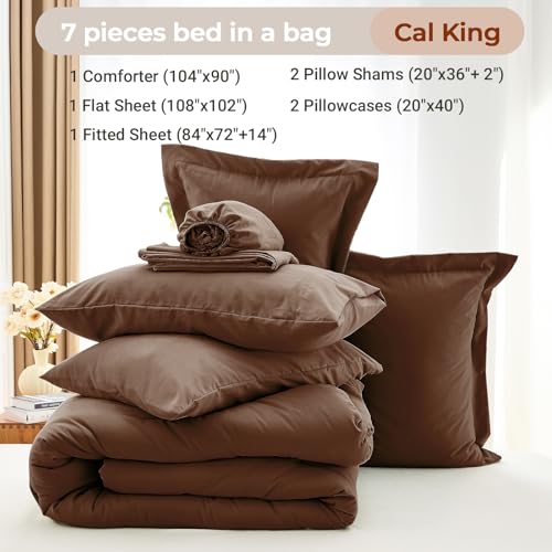 MUXHOMO 7 Pieces California King Comforter Set, Soft Bed in a Bag Cal King Size, All Season Bedding Set with Comforter, Flat Sheet, Fitted Sheet, Pillowcases & Shams, Brown