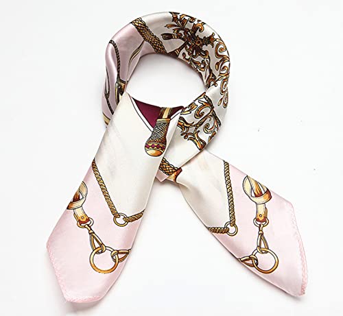 Jerla Women's Men's Small Square 100% Real Mulberry Silk Satin Scarfs Hair Head Face Scarf 21" X 21" (Classic Pink Chain) #TOP3