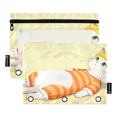 Tecknad söt katt vit dragkedja pennficka med klart fönster pennfodral med dragkedja klart fönster och öljetter 3 ringfodral för kontorsmaterial flerfärgad 2 st