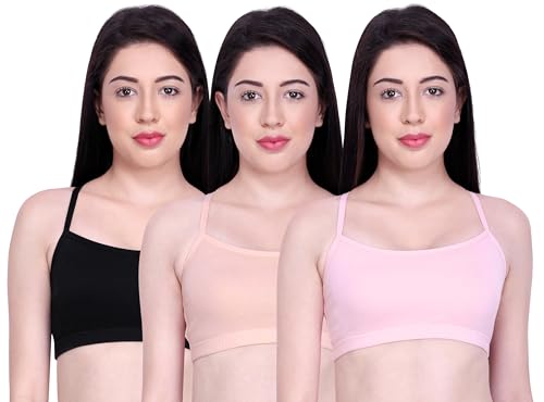 Image of INKURV Slip on Beginner's Bra for Girls, Non Padded, Non Wired, No Hooks with Double Layered Fabric, Adjustable Straps, Wirefree Sports Bra- Lisa Combo of 3 (Black Peach Pink 38B)