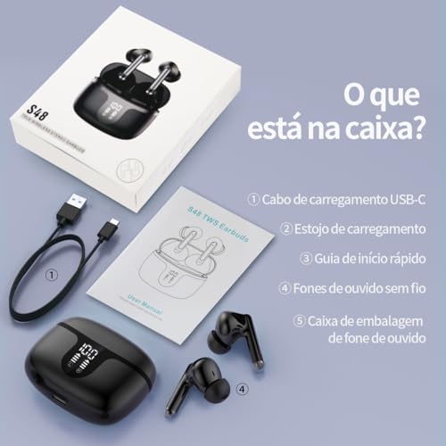Fone de Ouvido Sem Fio Bluetooth 5.3 com Cancelamento de Ruído, 60H Playback, LED Power Display, Fon