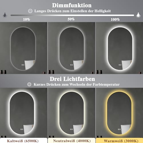 Archaluxe Badspiegel mit Beleuchtung 50x90 cm, Oval LED Badezimmerspiegel – Ansicht 4