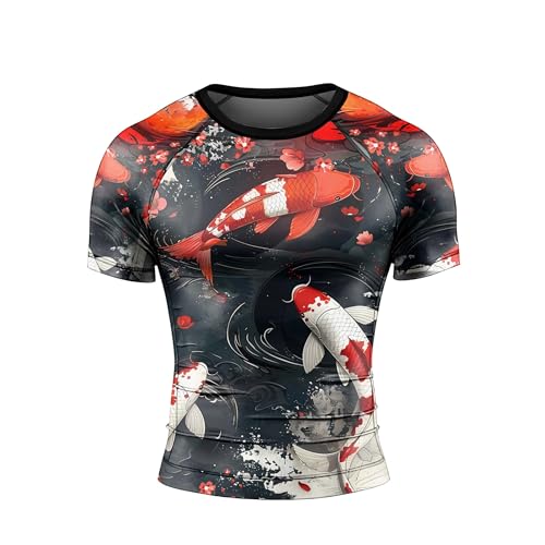 Japanese Koi Fish Men's Short Sleeve Compression Rash Guard, BJJ Workout Shirt, Breathable MMA Training Top2