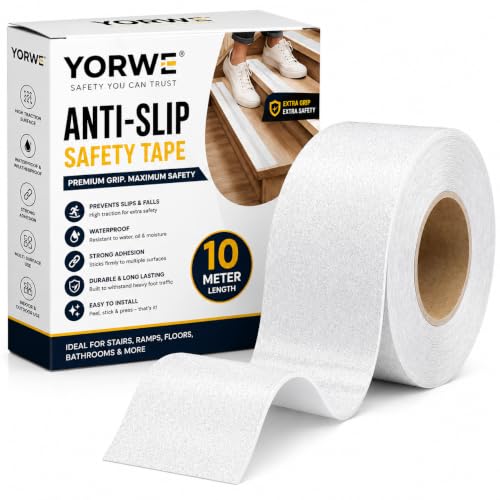 Image of YORWE Anti Slip Stair Tape with Glow in the Dark Strip - Heavy Duty Waterproof Non Slip Traction Tape for Stairs, Steps, Outdoor & Indoor Safety (White, 10 Meter)