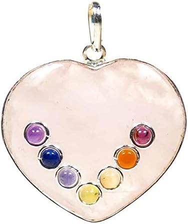 Pendentif en quartz rose en forme de cœur avec 7 pierres chakras, Argent
