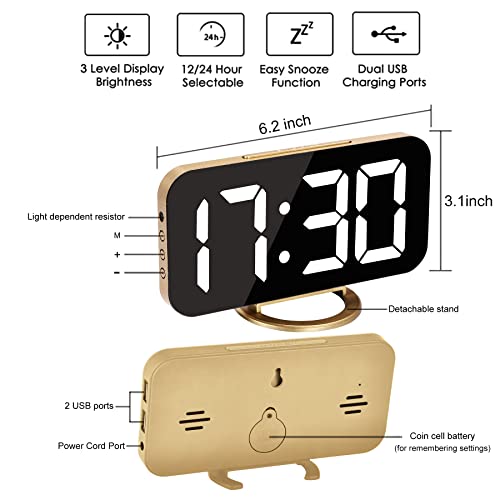 Ygdigital Digital Alarm Clock,6.5 Inch Led Mirror Electronic Clocks,With 2 Usb Charging Ports,3 Adjustable Brightness, Snooze,12/24H, For Bedroom Home Office (Gold) #TOP4