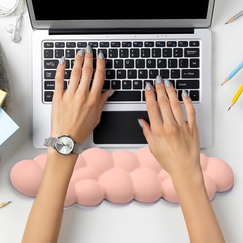 Image of Cloud Wrist Rest for Computer Keyboard, PU Leather Cloud Palm Rest Keyboard, Cute Wrist Pad for Keyboard, Wrist Support for Keyboard, Desk Accessories Keyboard Arm Rests for Wrists, (Pink)