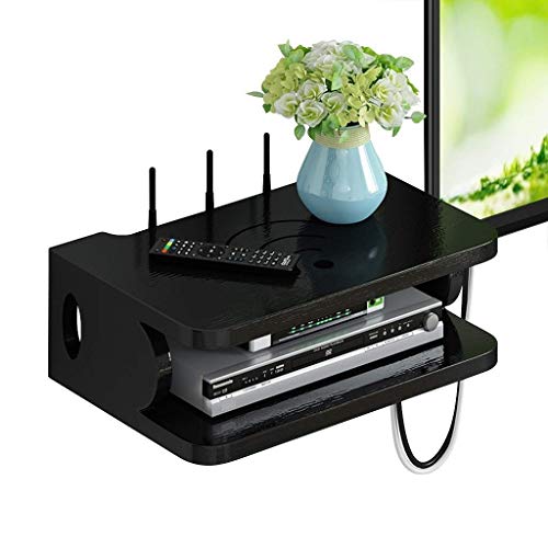 KISlink Floating Wall Mounted TV Console, Floating Shelves, for TV Box Set-top Box, Wood Cabinet, for Cable Boxes/DVD Players/Game Consoles/WiFi Routers/Remotes (Color : Black)