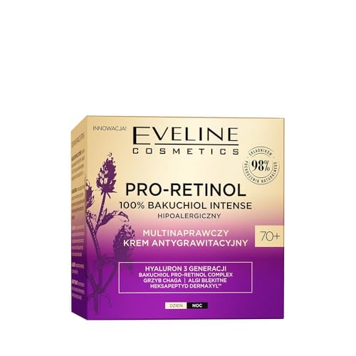 Eveline Cosmetics Pro-Retinol 100% Bakuchiol Crema antigravedad 70+ con ácido hialurónico y hongos Chaga, reducción profunda de arrugas y regeneración de la piel, vegana, hipoalergénica, 50 ml